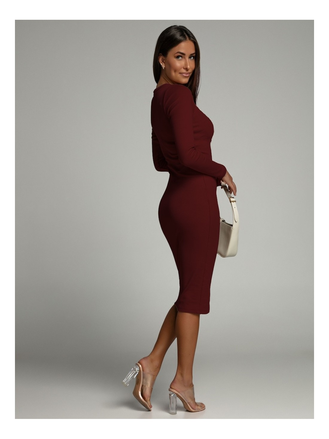 Basic striped dress with long sleeves, burgundy FG548 - Online store - Boutique